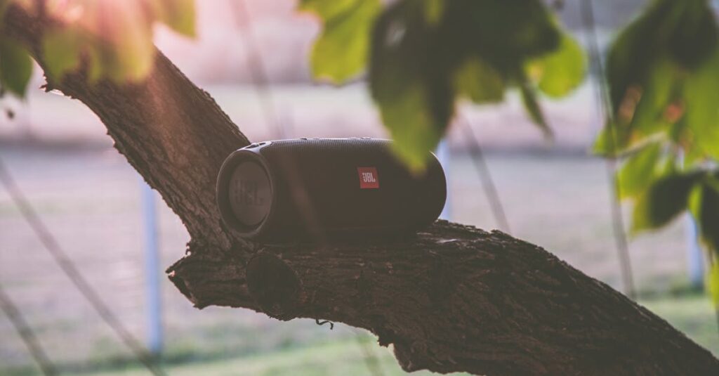 Bluetooth speaker resting on a tree branch during sunset in a serene outdoor setting.